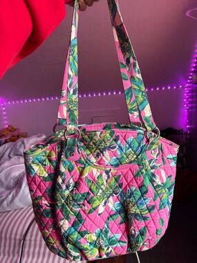 Vera Bradley Pink Floral Quilted Tote with Green & Blue Accents